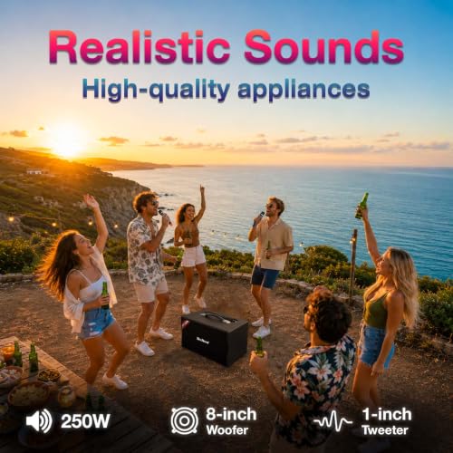 250W RMS Dalton KS8Pro Portable Karaoke Machine for Adults with Bluetooth Speaker, Speakers Bluetooth Wireless with 8 Inch Subwoofer, Dual Mic Support, USB AUX Inputs for Home and Swimming Party