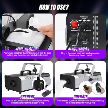 1500W Fog Machine with Remote Control - 16000 CFM High Output Smoke Machine for Halloween, DJ Party & Stage - Rapid Preheat, 2L Tank, Quiet Operation