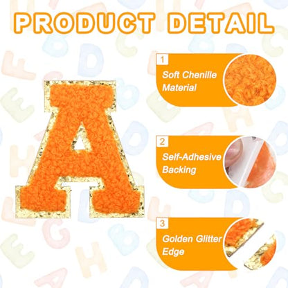 MECCANIXITY Chenille Letter Patches 2.2" Self Adhesive Letter A Stick on Embroidered Patch Sew on Letter Stickers Applique for Repairing Clothing Jeans Shoes Hats DIY(Orange, Pack of 2) - style: Letter-A