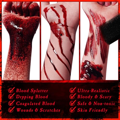 3PCS Halloween Fake Blood Makeup Kit, Fake-Blood Spray 50ML + Dripping Blood 50ML + Cleansing Soap, Fake-Blood Washable for Clothes Face Zombie Monster Vampire Cosplay SFX Makeup (Fresh + Fresh) - color: Fresh + Fresh (3PCS Kit)