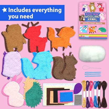 KRAFUN Woodland Animal Sewing Kit for Kids Ages 6+ | 8 Dolls | Sew 8 woodland animals: Bear, Bunny, Fox & Owl. Instructions & felt included. Beginner gift for girls & boys - color: Woodland Animal