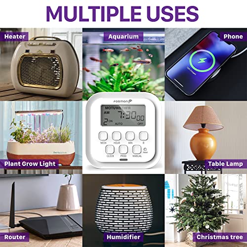 Fosmon 7 Day Digital Timers for Electrical Outlets, Indoor Plug-in Light Timers Switch Programmable, Electric Wall Plug for Lamp, Grow Reptile Lights, Aquarium, 15A/1875W, Grounded - style: 7 Day Timer With Random Function 1 pack