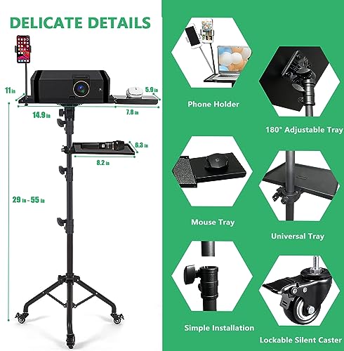 Projector Tripod Stand with Wheels Adjustable Height Laptop Tripod Stand Treadmill Laptop Stand with 2 Shelves Mouse Tray Phone Holder Projector Tripod Music Stand Office Home Portable Laptop Floor Stand