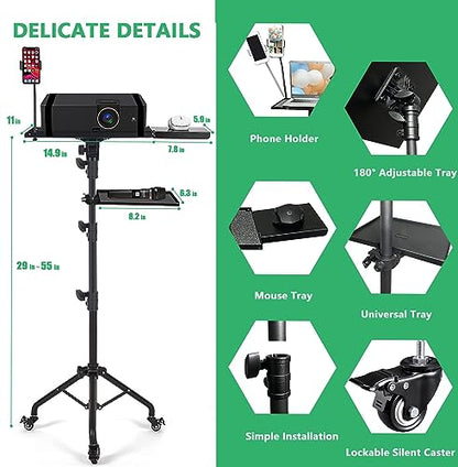Projector Tripod Stand with Wheels Adjustable Height Laptop Tripod Stand Treadmill Laptop Stand with 2 Shelves Mouse Tray Phone Holder Projector Tripod Music Stand Office Home Portable Laptop Floor Stand
