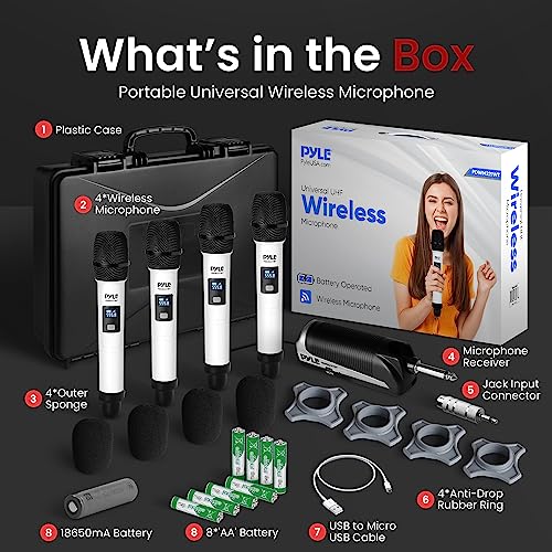 4 Channel Wireless Microphone System, Portable UHF Band Receiver System, Independent Channel Controls, RF Signal LCD Indicator, Digital Audio Microphone Set with 4 Handheld Microphones (White) - style: Wireless-Set of 4 Mics