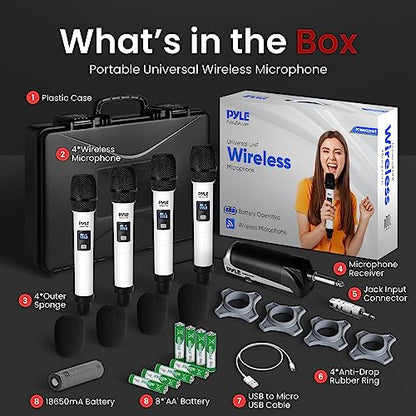 4 Channel Wireless Microphone System, Portable UHF Band Receiver System, Independent Channel Controls, RF Signal LCD Indicator, Digital Audio Microphone Set with 4 Handheld Microphones (White) - style: Wireless-Set of 4 Mics