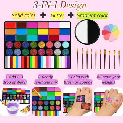 42 Color Face Painting Kit with B&W Palette,Professional Non Toxic Water Activated Face Paint Palette with Stencils,Brushes,Gems&Sponges,For Halloween, Christmas,Cosplay, Party, Carnival & Festival