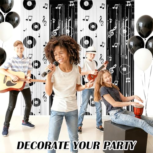 Gilprop 2 Pcs Music Birthday Party Decoration Backdrop Curtains Foil Fringe Musical Background Vinyl Record and Musical Note Curtain for Music Party Decorations, 3.28 x 6.56ft