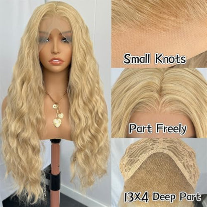 RDY Ash Blonde Long Body Wave Lace Front Synthetic Wig 24inch Mix Blonde Loose Wavy Lace Front Wigs for Women Heat Fiber Hair Half Hand Tied Cosplay Daily Use Wig - color: Ash Blonde