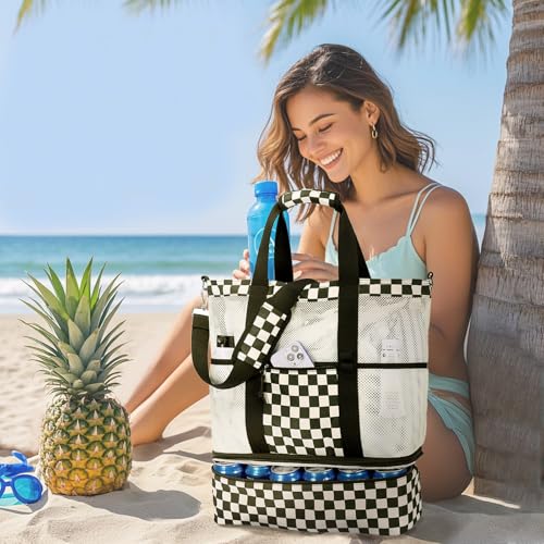 Bluboon Mesh Beach Tote Bag with Cooler Compartment Insulated Detachable Picnic Bag with Zipper and Pocket Pool Bag for Women - color: A-black and White Grid