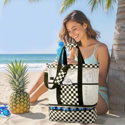 Bluboon Mesh Beach Tote Bag with Cooler Compartment Insulated Detachable Picnic Bag with Zipper and Pocket Pool Bag for Women - color: A-black and White Grid