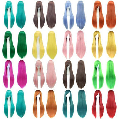 80cm Long Straight Natural Hair Cosplay Wigs with Bangs Colorful Halloween Costume Party Wig (Elf Blue) - color: Elf Blue