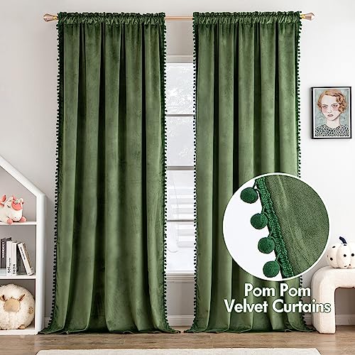 MIULEE Olive Green Pom Pom Velvet Blackout Curtains, W52 x L84, Set of 2 | Rod Pocket Curtains,Thermal Insulating,Blackout Curtains for Bedroom/Home Theater/Living Room Darkening - color: Olive Green, size: 52"W x 84"L (Pack of 2)