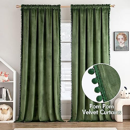 MIULEE Olive Green Pom Pom Velvet Blackout Curtains, W52 x L84, Set of 2 | Rod Pocket Curtains,Thermal Insulating,Blackout Curtains for Bedroom/Home Theater/Living Room Darkening - color: Olive Green, size: 52"W x 84"L (Pack of 2)
