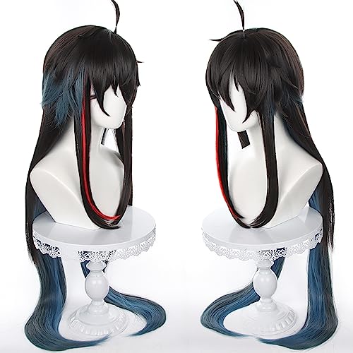 Anime Black Blue mixed Red Wigs Men Long Straight Wig with Ahoge Bangs Layered Haircut Adult Game Dragon Lunae Cosplay Wigs Halloween,Christmas,Comic con,Game Show,Party - color: Black Blue