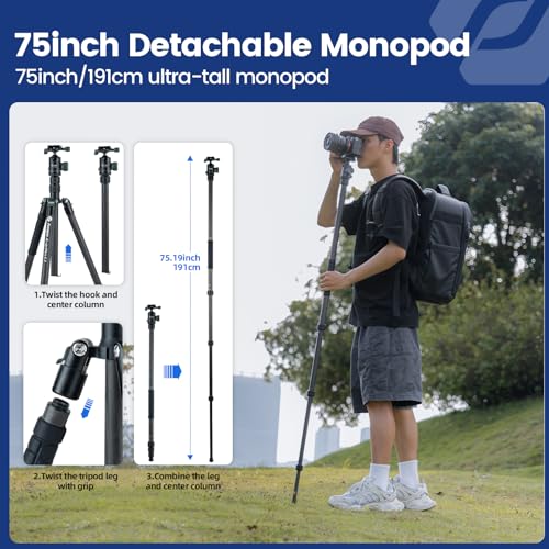Fotopro 73" Carbon Fiber Tripod for Camera Compact Travel Tripod with Ball Head Detachable Monopod with Quick Release Plate and Camera Bag Load up to 22lbs/10KG X-Go Plus E2 Green - color: 73'' Green