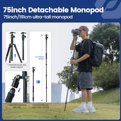 Fotopro 73" Carbon Fiber Tripod for Camera Compact Travel Tripod with Ball Head Detachable Monopod with Quick Release Plate and Camera Bag Load up to 22lbs/10KG X-Go Plus E2 Green - color: 73'' Green