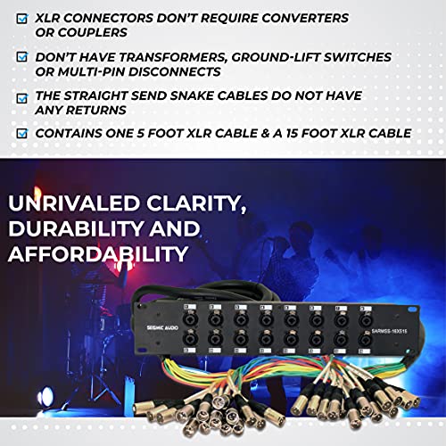 Seismic Audio SARMSS-16x515 Rack Mount 16 Channel XLR TRS Combo Splitter Snake Cable - 5' & 15' XLR trunks - size: 5 Foot x 15 Foot - 16 Channel