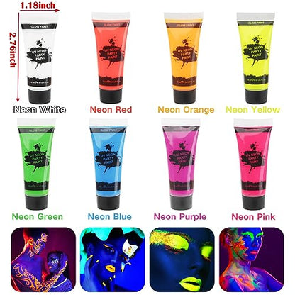 MEICOLY Glow Blacklight Face Paint,Neon UV Body Paint Set of 8 Tubes Blacklight Reactive Paints,Glow in the Dark Body Paint Neon Party Supplies,Neon Fluorescent Face Paint Blacklight Glow Makeup - color: 8 colors glow uv blacklight face body paint