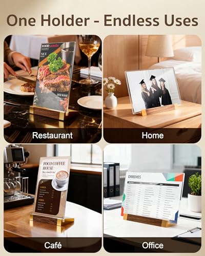 Acrylic Sign Holder 8.5 x 11 Inch with Walnut Wood Base, 1 Pack Clear Table Sign Holders for Tabletop Menu & Flyer Stand, Commercial Table Frames for Restaurant, Office, Coffee, Bar, Wedding, Hotel