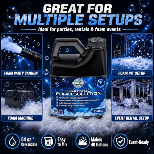 SurgeFX Foam Party Machine Solution – Makes Up to 40 Gallons of Water – Ultra Concentrated, Non-Toxic & Hypoallergenic – Compatible with All Foam Machines for Parties & Events (40 Gallons of water)