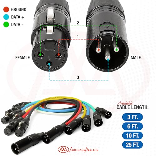 AxcessAbles 3-Pin XLR Male to XLR Female DMX Cables 6 Pack, 10-ft | DMX Lighting Cords | 22AWG Oxygen Free Cable Wiring, Multi-Color Pack (10-ft)