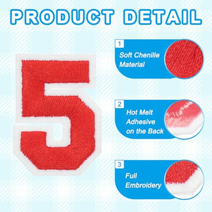 MECCANIXITY Iron on Number Patches 2" Number 5 Iron on Embroidered Patch Sew on Letter Stickers Applique for Repairing Clothing Jeans Shoes Hats DIY(Red, Pack of 9) - style: Number 5