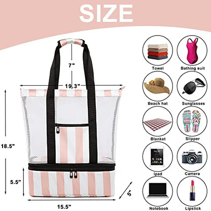 Bluboon Mesh Beach Tote Bag with Cooler Compartment Insulated Detachable Picnic Bag with Zipper and Pocket Pool Bag for Women - color: Pink