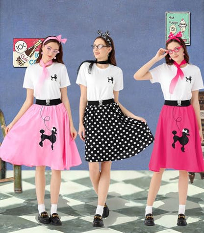 1950s Poodle Skirt Outfit Women 50s Sock Hop Costume T Shirt Accessories - color: Hot Pink, size: X-Large
