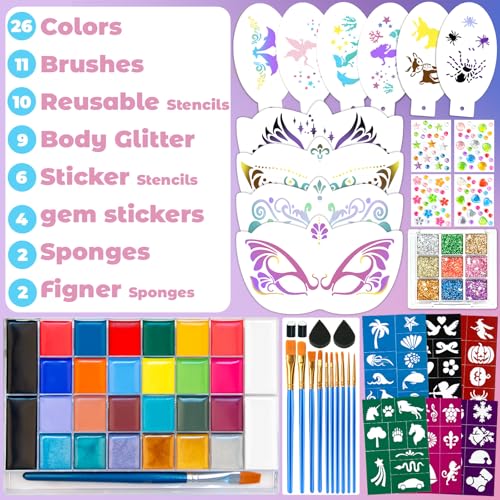 26 Colors Face Painting Kit, Oil-Based Face & Body Paint Palette | Complete Face Paint Kit with Brushes, Stencils, Glitter & Gems for Halloween, Parties, Festivals, Cosplay and Creative Events - color: 26 Colors