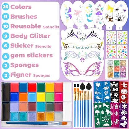 26 Colors Face Painting Kit, Oil-Based Face & Body Paint Palette | Complete Face Paint Kit with Brushes, Stencils, Glitter & Gems for Halloween, Parties, Festivals, Cosplay and Creative Events - color: 26 Colors