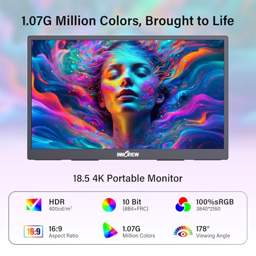 InnoView 4K Portable Monitor 18.5" 3840x2160 UHD USB-C HDMI for Laptop, 400 nits IPS Computer Gaming Display HDR Travel Monitor with W/180°Adjustable Stand for Desktop Mac Phones Tablet PS5/4 Switch - size: 18.5 Inches