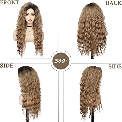 26 Inch Long Brown Curly Wigs for Women Black Roots Hairline 80s Retro Wig - color: Ombre Brown