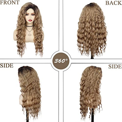 26 Inch Long Brown Curly Wigs for Women Black Roots Hairline 80s Retro Wig - color: Ombre Brown