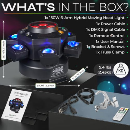 150W 6-Arm Spider Bee-Eye Moving Head LED DJ Light | 4-in-1: 6 moving RGBW beams, 4 center bee-eye wash lights, R/G starry laser, white/amber strobe, sound active, 24CH DMX