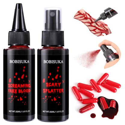 BOBISUKA Halloween Fake Blood Kit, 1.76oz Blood Spray + 1.76oz Dripping Blood + 10 Fillable Empty Capsules, Realistic Washable Fake Blood Makeup for Mouth Clothes Zombie Vampire Monster SFX Cosplay - color: Blood Spray + Dripping Blood + Empty Capsules