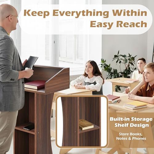 Podium Stand with Lockable Wheels,47"H Wooden Podium for Classroom, Mobile Pulpit Lectern with 3 Storage Shelves for Church, Office,Conference Room (Walnut) - color: Walnut