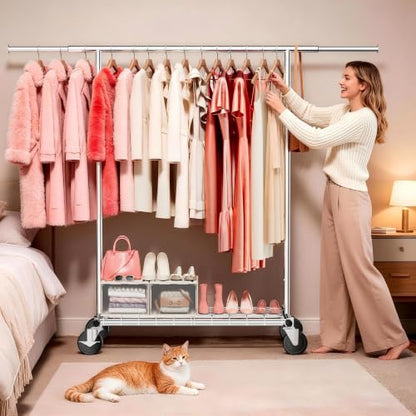 Heavy Duty Clothes Rack, Rolling Clothing Rack Load 420 LBS, Silver | Heavy Duty Clothing Rack for Hanging Clothes with Lockable Wheels & Shelves, Garment Rack for Bedroom Closet Laundry - color: Silver