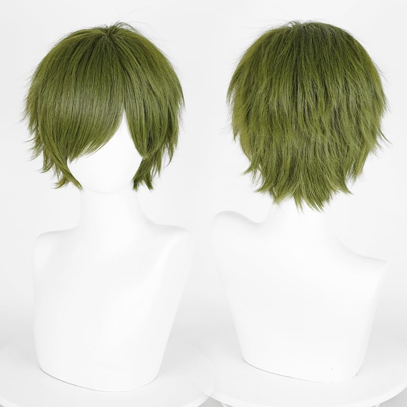 LABEAUTÉ Short Dark Green Anime Cosplay Wig Male Men Anime Layered Unisex Heat Resistant Hair Wig with Bangs for Party and Halloween for Gift + Free Cap - color: Dark Green