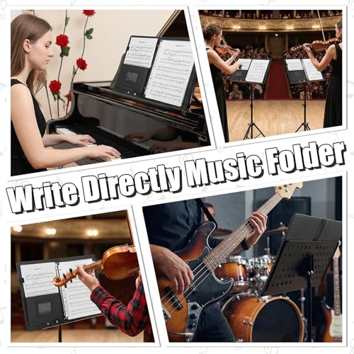 Choral Sheet Music Folder Organiser 3 Ring Black Choir Binder with Hand Strap PU Piano Music Sheet Holder Storage with Plastic Sleeves Fits Letter Size 8.5 x 11 Inch for Guitar, Orchestra, Band