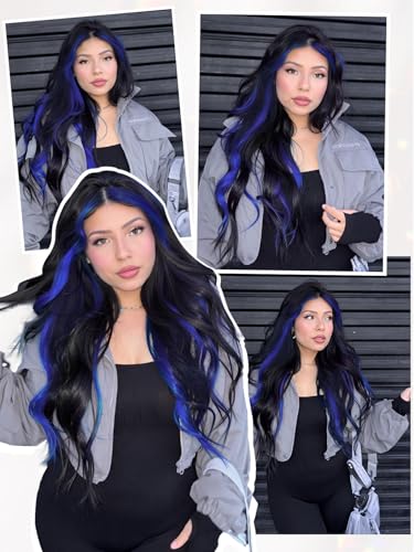 Quantum Love Long Curly Blue Wig for Women 28 Inch Long Wavy Wigs Black Mix Blue Natural Looking Synthetic Fashion Color Hair for Cosplay Halloween Daily - color: Mix Blue