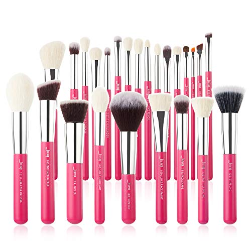Jessup Brand 25pcs Professional Makeup Brush Set Beauty Cosmetic Foundation Powder Blusher Eye Shadow Blending Concealer Highlight Natural-Synthetic Hair Brushes Set (Rose Carmine/Silver) - color: V-Rose Carmine/Silver
