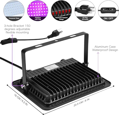 XYCN 3 Pack 100W LED Black Light, Blacklight Flood Light with Plug and Switch, IP66 Waterproof Neon Glow for Party, Halloween, Fluorescent Poster, Body Paint, Aquarium - color: 3pack 100w Led Black Light