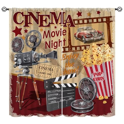Vintage Movie Curtains 70s90s American Retro Camera Popcorn Movie Ticket Blackout Window Treatment for Home Theater Living Room Bedroom Cafe Decor Window Drapes 42" W X 45" L - color: Style-2, size: 21"W x 45"L (Pack of 2)