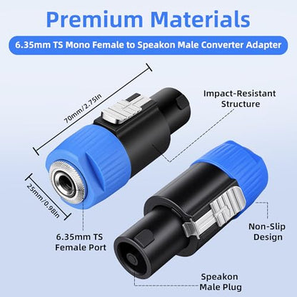Speakon to 1/4" 6.35mm Adapter 2 Pack, NL4FC 4-Pole SpeakON Male to 1/4 Inch 6.35mm TS Mono Female Speaker Audio Converter Connector with Twist Lock for Speakers, Mixer, Amplifiers, and PA Systems - size: 2 Pack