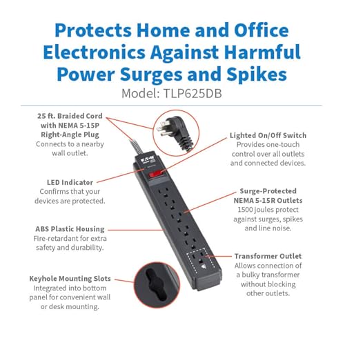 Eaton Tripp Lite Series 6-Outlet Surge Protector Power Strip, Flat Plug 25ft Braided Extension Cord, 1500 Joules, 15A Circuit Breaker, Lifetime Manufacturer's Warranty & $10,000 Insurance (TLP625DB) - size: 25ft Cord
