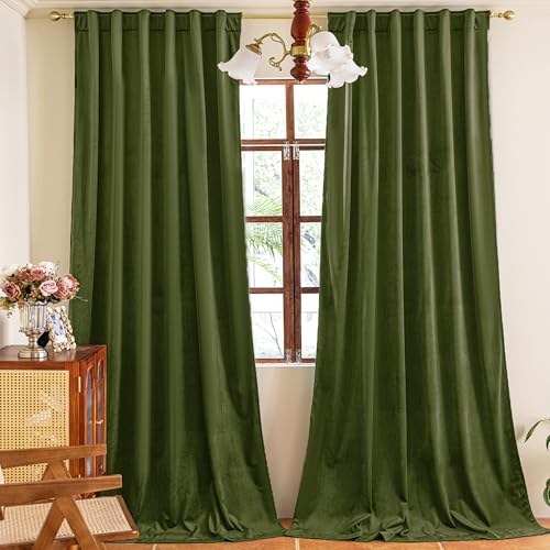 YOFUN 84 inches 2 Panels, Hunter Green Blackout Luxury Velvet Curtains Thermal Insulated Heat Block Soundproof Window Panels Soft Drapes for Bedroom Living Room, Rod Pocket & Back Tab, W52 x L84 - color: Hunter Green, size: 52"W x 84"L (Pack of 2)