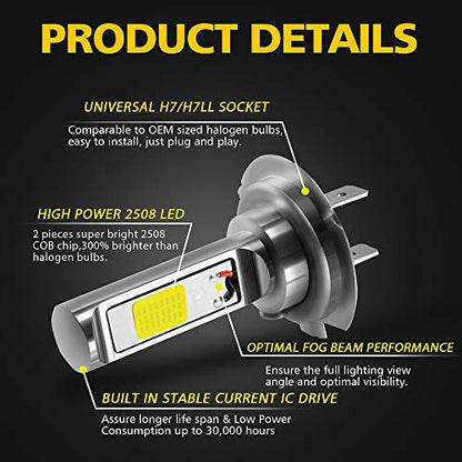 AUXLIGHT H7 H7LL LED Fog Light Bulbs 6000K Xenon White, Super Bright High Power COB Chips LED Fog Daytime Running Lights DRL Bulbs Replacement for Cars, Trucks (Pack of 2) - size: H7