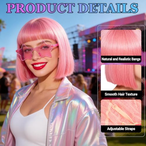 Short Bob Straight Hair Wigs with Bangs, Heat Resistant Fiber Hair, Star-shaped Glasses for Women (Pink) - color: Pink