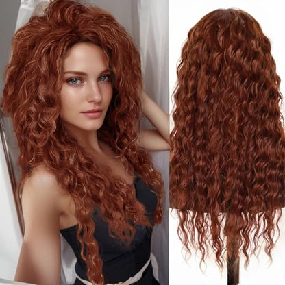 28 Inch Long Curly Dark Copper Wigs for Women Auburn Red Wig Fluffy 80s - color: Dark Copper